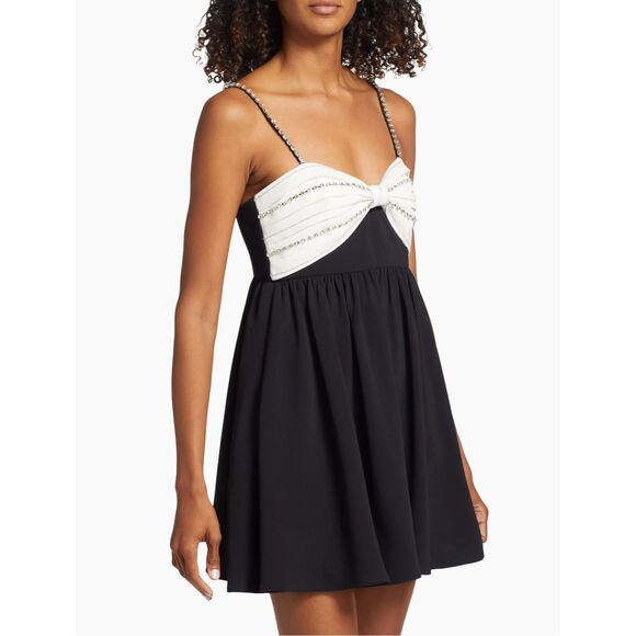 NWT Self-Portrait Crepe Embellished Two-Tone Mini Dress With White Bow Black 10 - Picture 2 of 9
